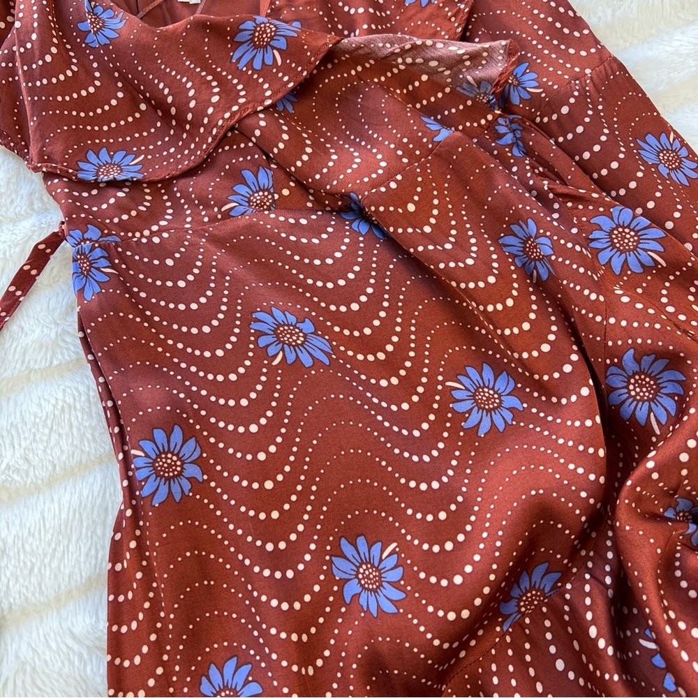 ANTHRO brown rust red Ruffle-Sleeve Printed-Wrap Maxi Dress - Picture 11 of 12